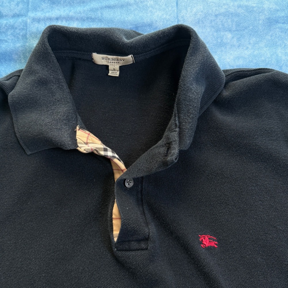 Burberry London Mens Black Pique Polo Shirt Red Knight Logo Nova Check Placket L - Picture 2 of 8